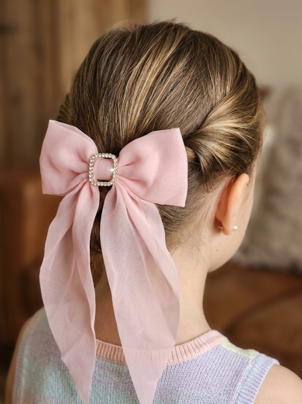 XL Pink Rhinestone Bow Hair Clip for Kids